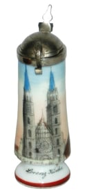 Porcelain Mini Stein of Church w Brass Handle& Lid
