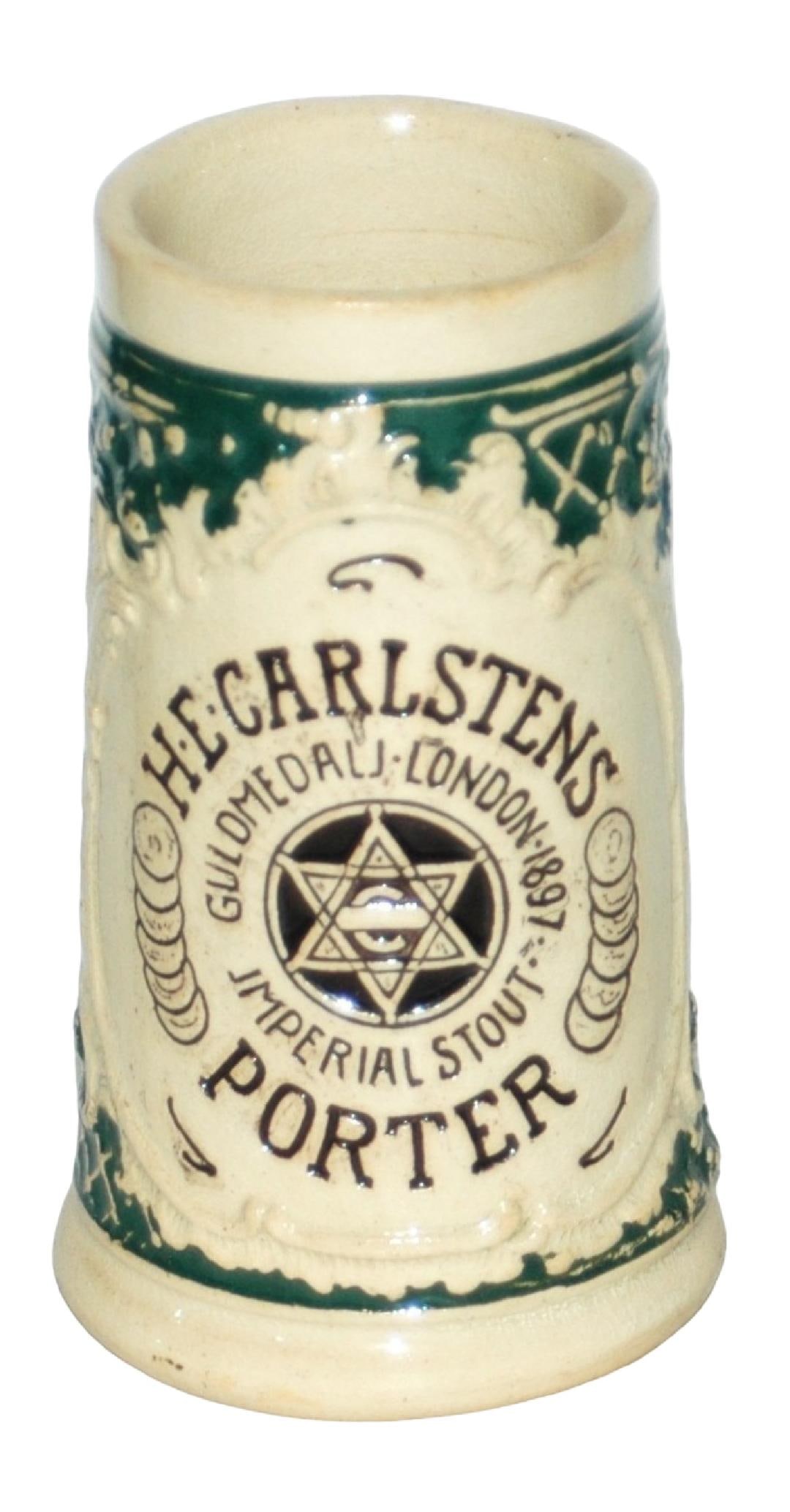 H.E. Carlstens Porter Inperial Stout 1897 Stein: Pottery Relief 1/8L. “H.E.Carlstens Porter Imperial Stout 1897.” English verses on sides. No lid. Mint.