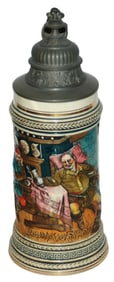 Falstaff At Table Stein w Fancy Pewter Relief Lid