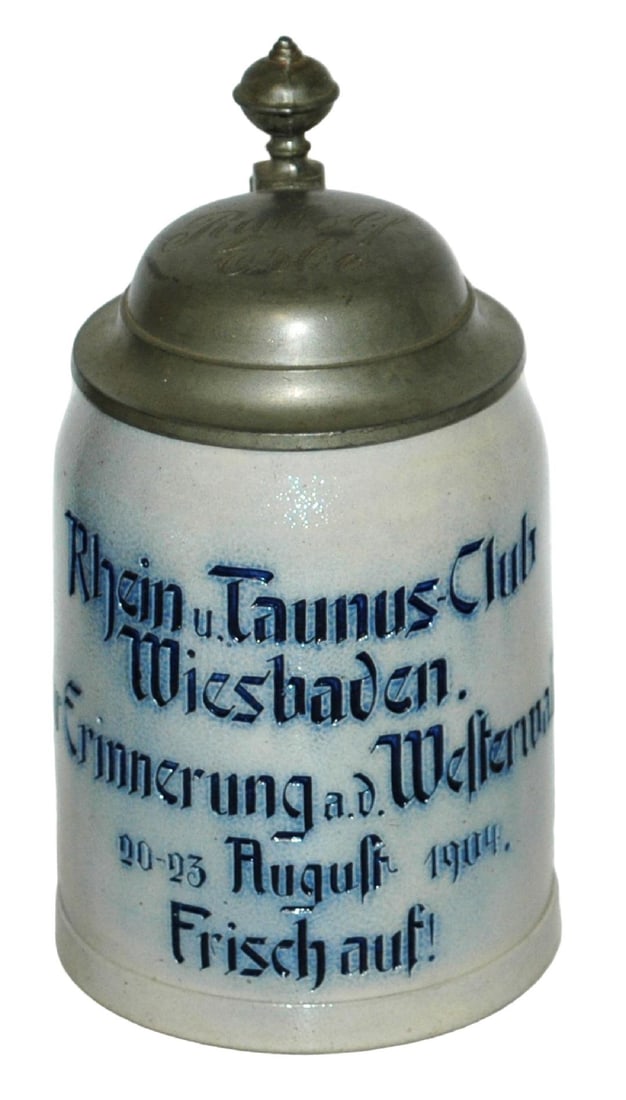 Rhine Taunus Club Wiesbaden 1904 Stein: Stoneware Impressed 1/2L. “Rhein Taunus Club Wiesbaden 1904.” Roster of members in rear. Mint.