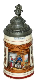 Hunters & Barmaid Stein w Fancy Pewter Lid & Litho