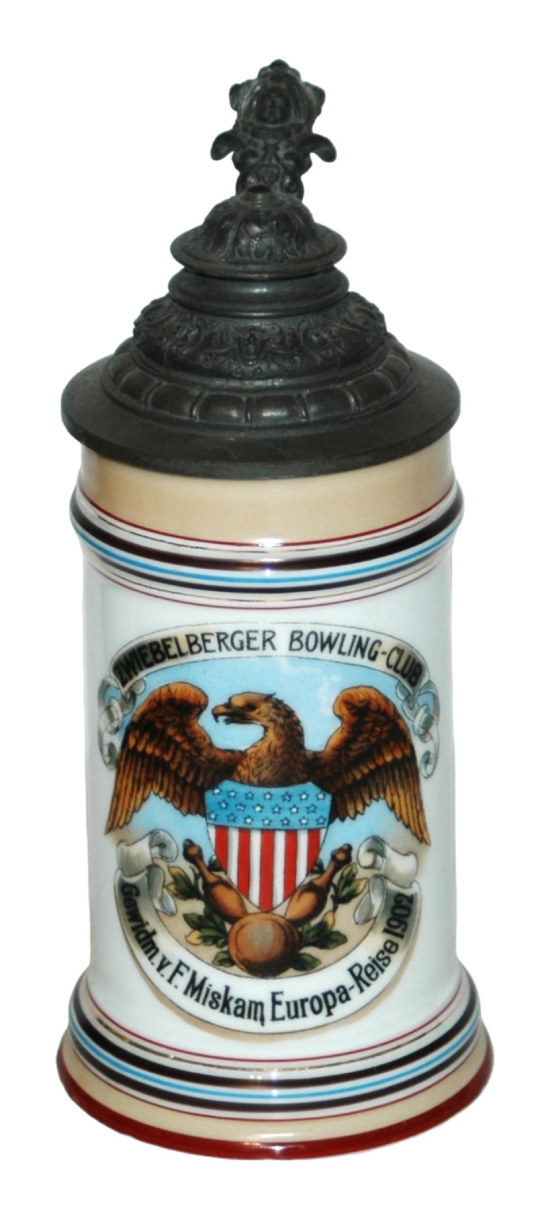 Bowling Club Stein w Shield Eagle Ball & Pins 1902 (1 of 3)