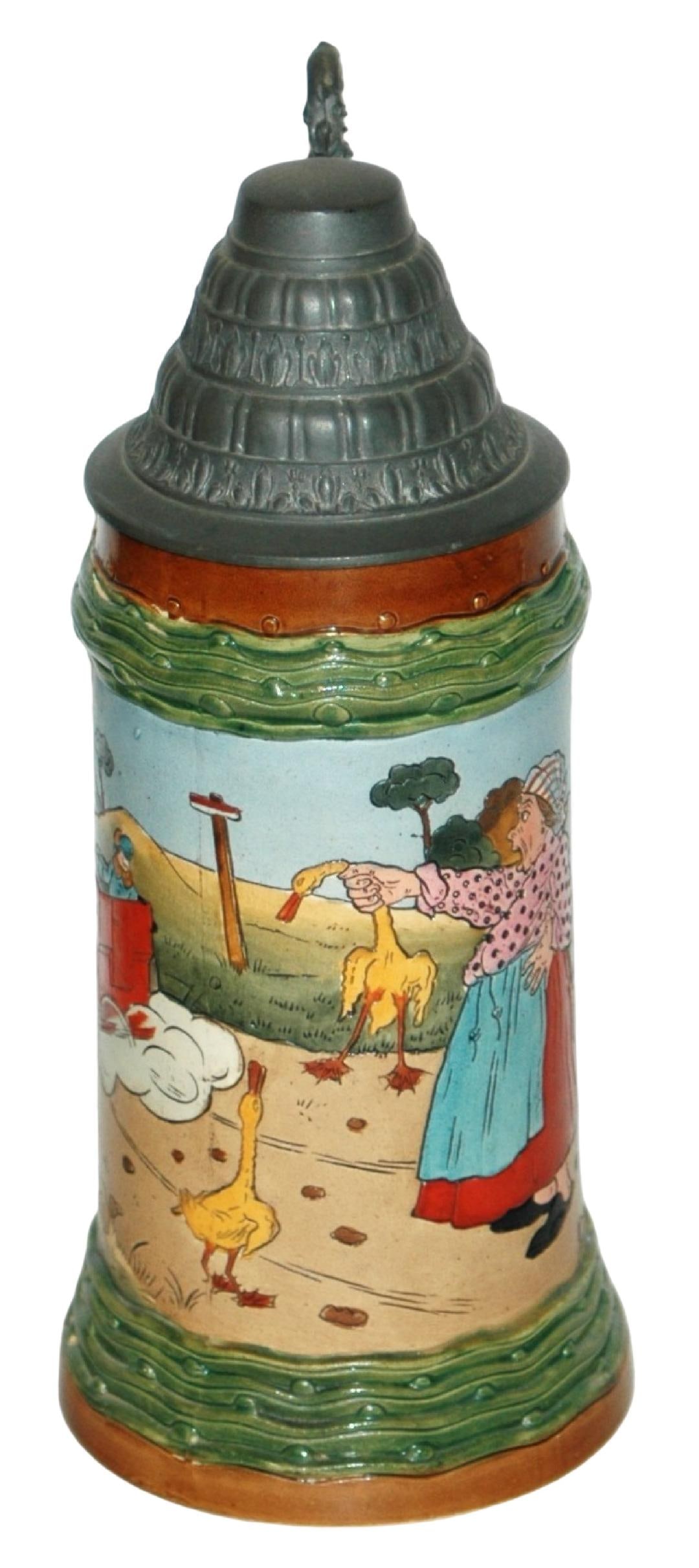 Cartoon Woman w Chicken Hit by a Car Stein: Pottery Hanke #1512 Etched 1/2L. Comical woman holds chicken that speeding car ran over.