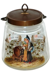Glass Biscuit Jar w Enamel Munich Child Brass Lid