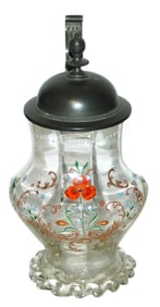 Floral Enamel, Fluted  Body w Riggery Glass Stein