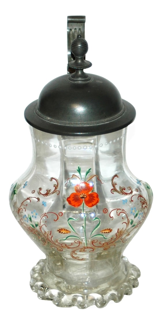 Floral Enamel, Fluted Body w Riggery Glass Stein: Blown Glass 1/2L. Enameled floral design on interior fluted body. Riggery base rim.