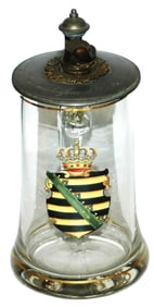 Mint. Enamel Saxon Shield Glass Stein w Helmet Lid