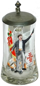 Enameled 4F Man w Flag Glass Stein