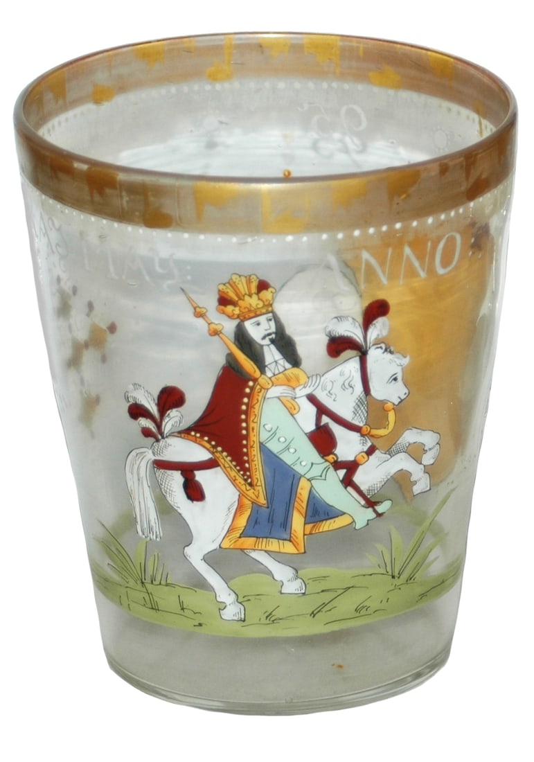Fritz Heckert Beaker w Enamel King on Horseback: Blown Glass 5 1/2” Beaker. Fritz Heckert. Enameled king on horseback and shield. Mint.