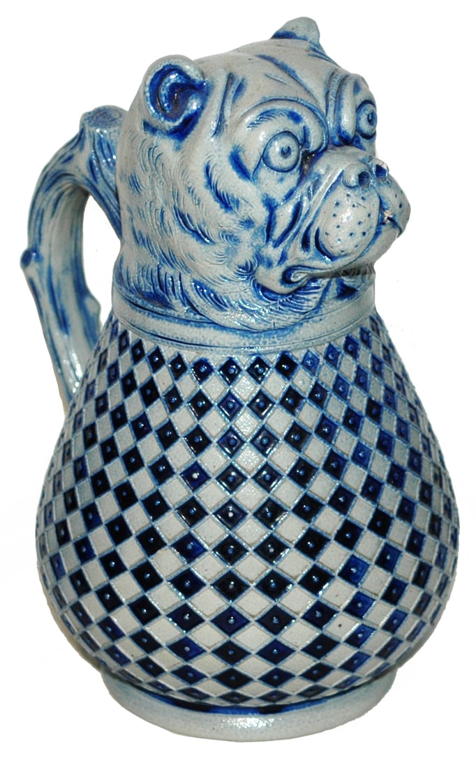 Bulldog Stoneware Character Creamer: Character Stoneware #826 8 1/2” Creamer. Bull dog. Mint.
