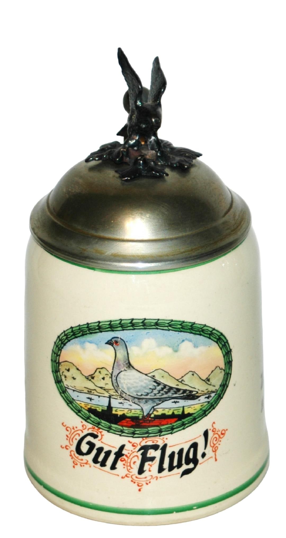 Mettlach Pigeon Scene w Bird Finial Stein: Mettlach #1526 POG 1/2L. “Gut Flug” with pigeon scene. Bird finial. Mint.