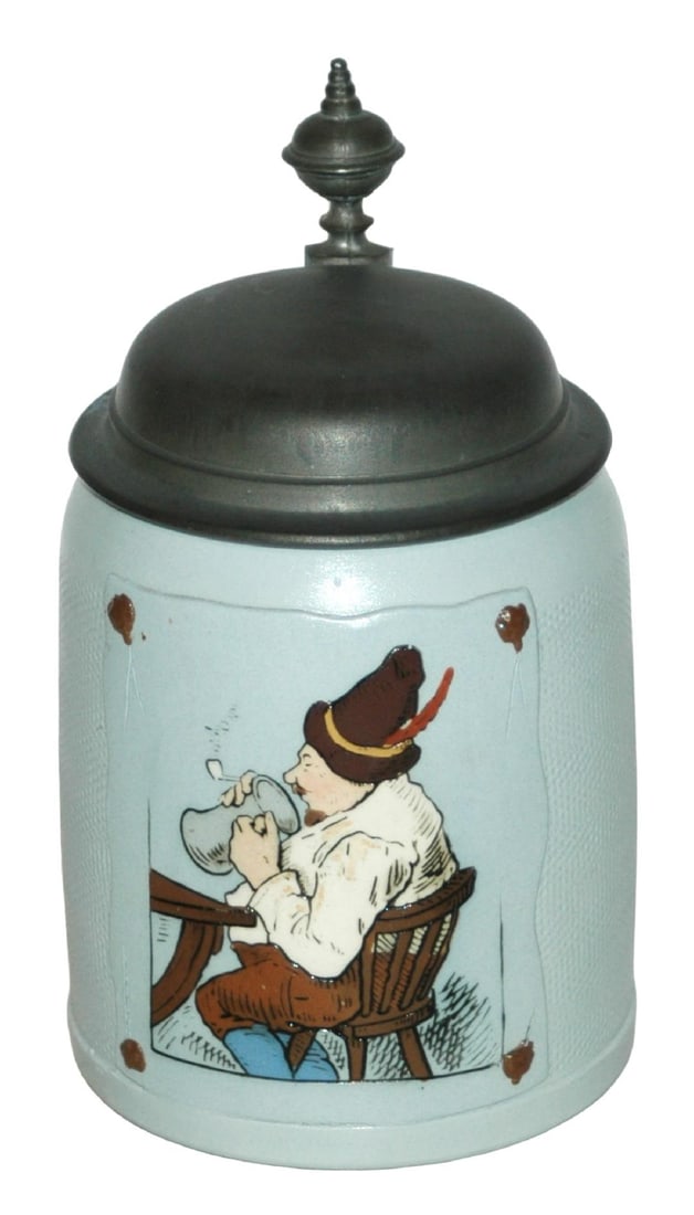Mettlach Etched Man Drinks from Stein: Mettlach #1646 Etched 1/2L. Man with hat sits with stein. Mint.