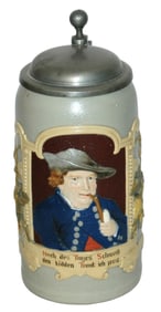 Mettlach 1L Man Smokes a Pipe Stein w Hops on Side