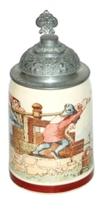 Mettlach Schlitt Dwarfs Working w Wine Press Stein
