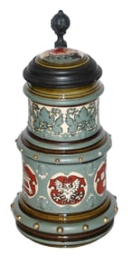 Mettlach Shields & Floral Stein w Ship Inlay Lid