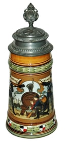 Mettlach Soldiers Tapping Barrel Etched Stein