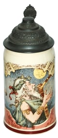 Mettlach Bearded Man w Harp Monkey & Cat Stein