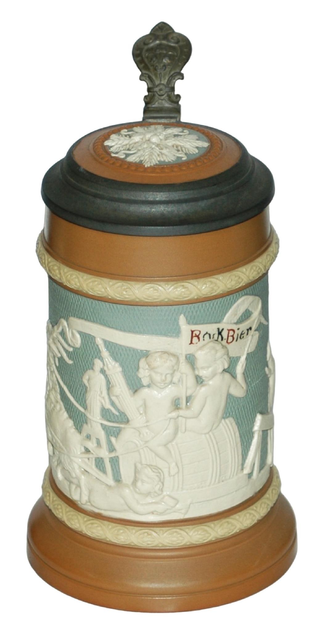 Mettlach Goats pull Barrel w Children Stein: Mettlach #783 Relief 1/2L. Goats pull barrel with children riding on top. Inlay lid. Mint.