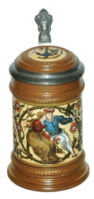1/4L Mettlach Loving Couple & Floral Stein w Inlay