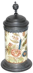 1L Mettlach Faience Floral Stein w Fancy Pewter