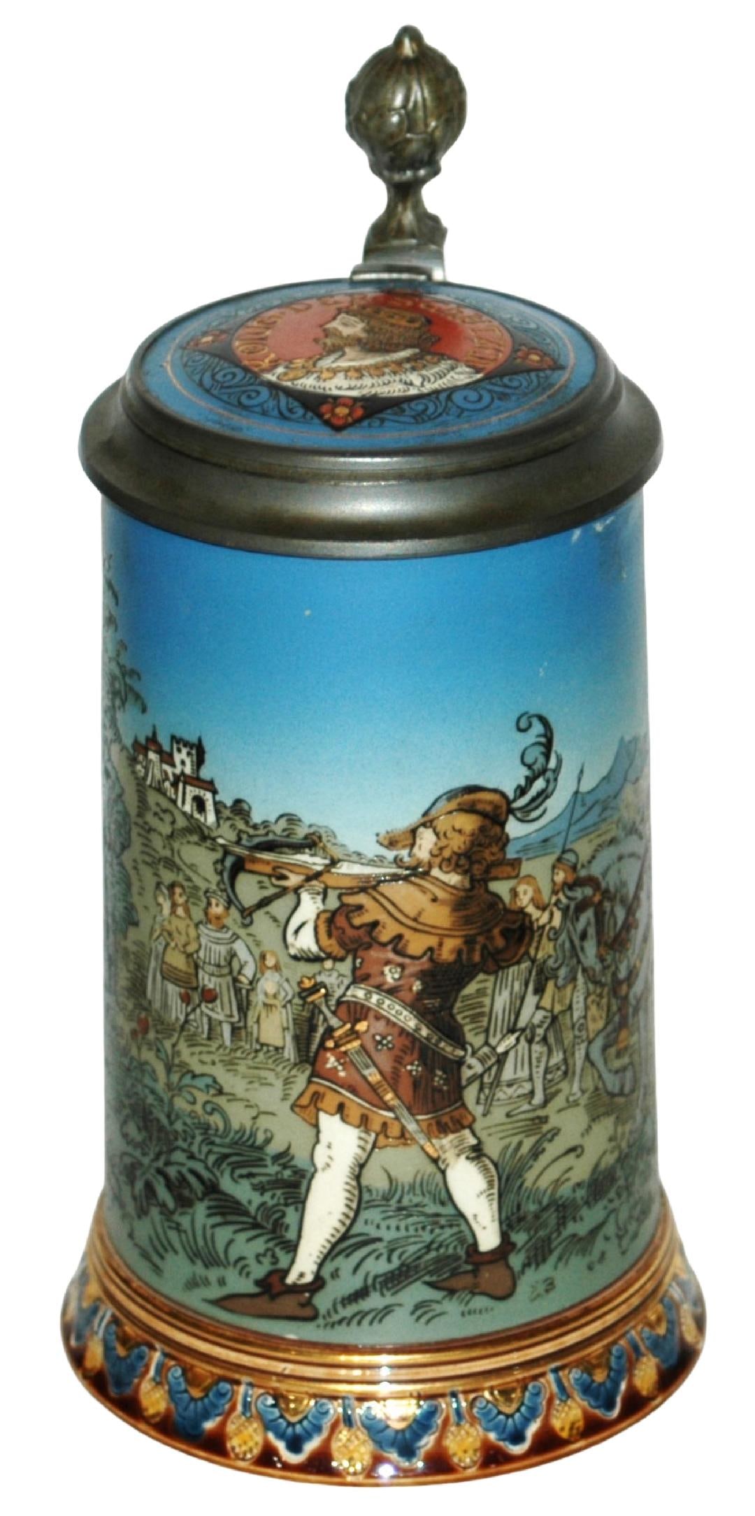 Mettlach William Tell Shoots Apple Stein: Mettlach #2082 Etched 1/2L. William Tell shoots apple of sons head. Inlay lid. Mint.