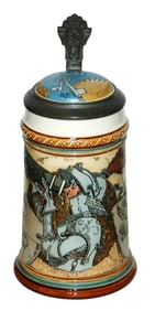 Mettlach Schlitt Drinking Knight Stein w Inlay Lid