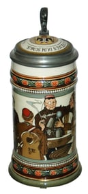 Mettlach Students Drinking at Table Stein w Inlay