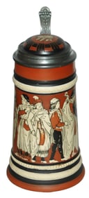 Mettlach Musicians Wrap Around Scene Stein w Inlay
