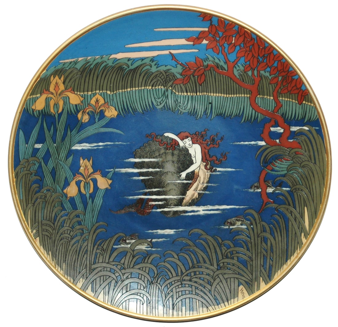 Mettlach Plaque Mermaid Hugs a Big Oyster (1 of 1)