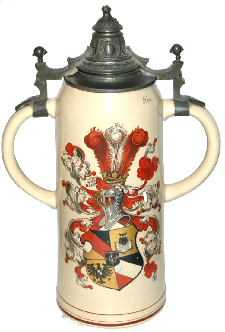 4L Double Handled, Double Lidded Stein w Shields (1 of 5)