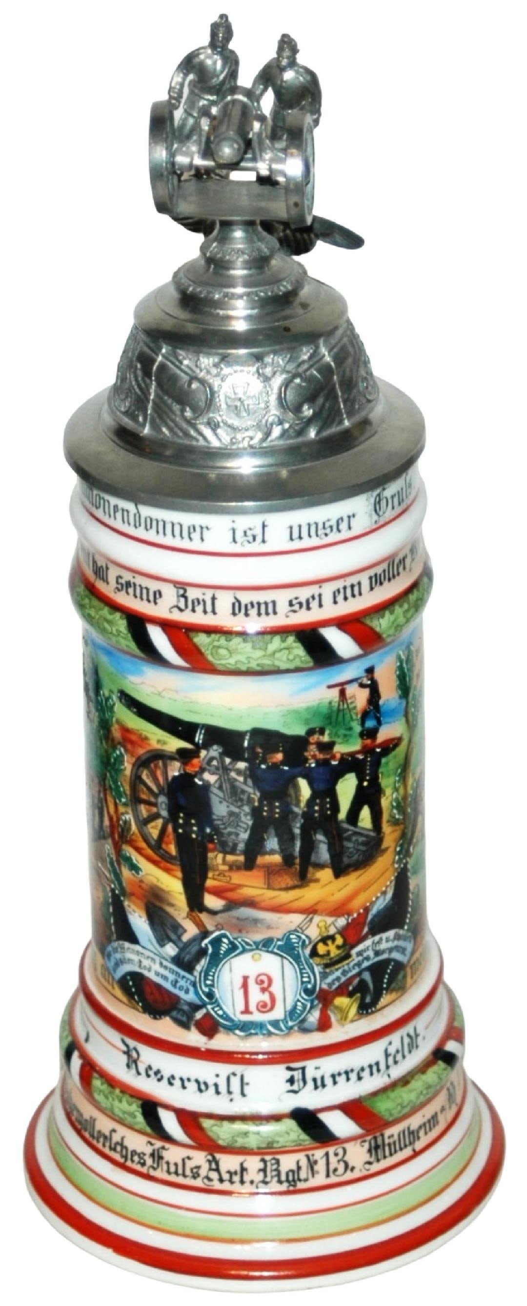 Regimental Hohemollersches Fuss Art No 13 Stein: Regimental Stein 1/2L Porcelain. “12 Comp. Hohemollersches Fuss Art. Regt. No 13 Mullheim Rh 1906-08, Reservist Durrenfeldt.” Two side scenes. Rear roster. Crew top cannon finial. Mint.