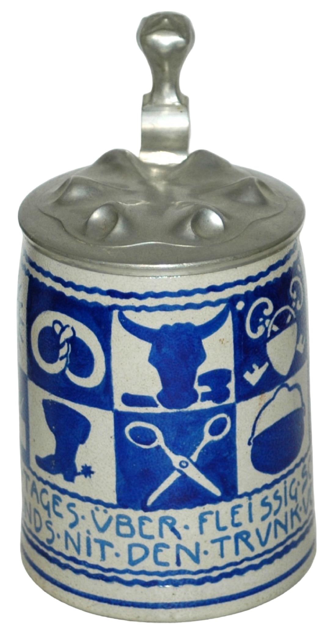 Franz Ringer Munich Logos Art Nouveau Lid Stein: Stoneware POG 1/2L. Franz Ringer. Munich city business logos. Art Nouveau style pewter lid. Mint.