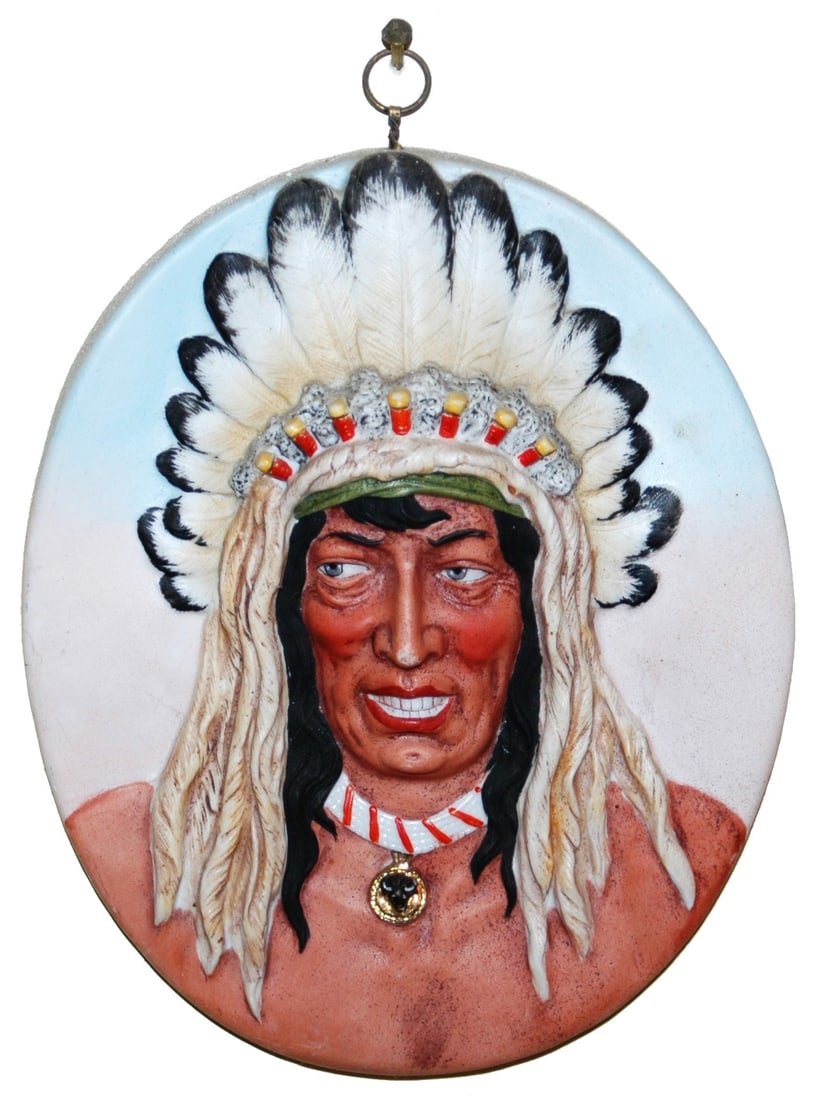 Bohne Character Indian Porcelain Plaque: Character Relief Bohne Porcelain 6 1/2” by 8” Plaque. Indian wears feathered headdress. Mint.