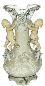Mettlach 11" Vase Big Cherub Handles Relief Floral