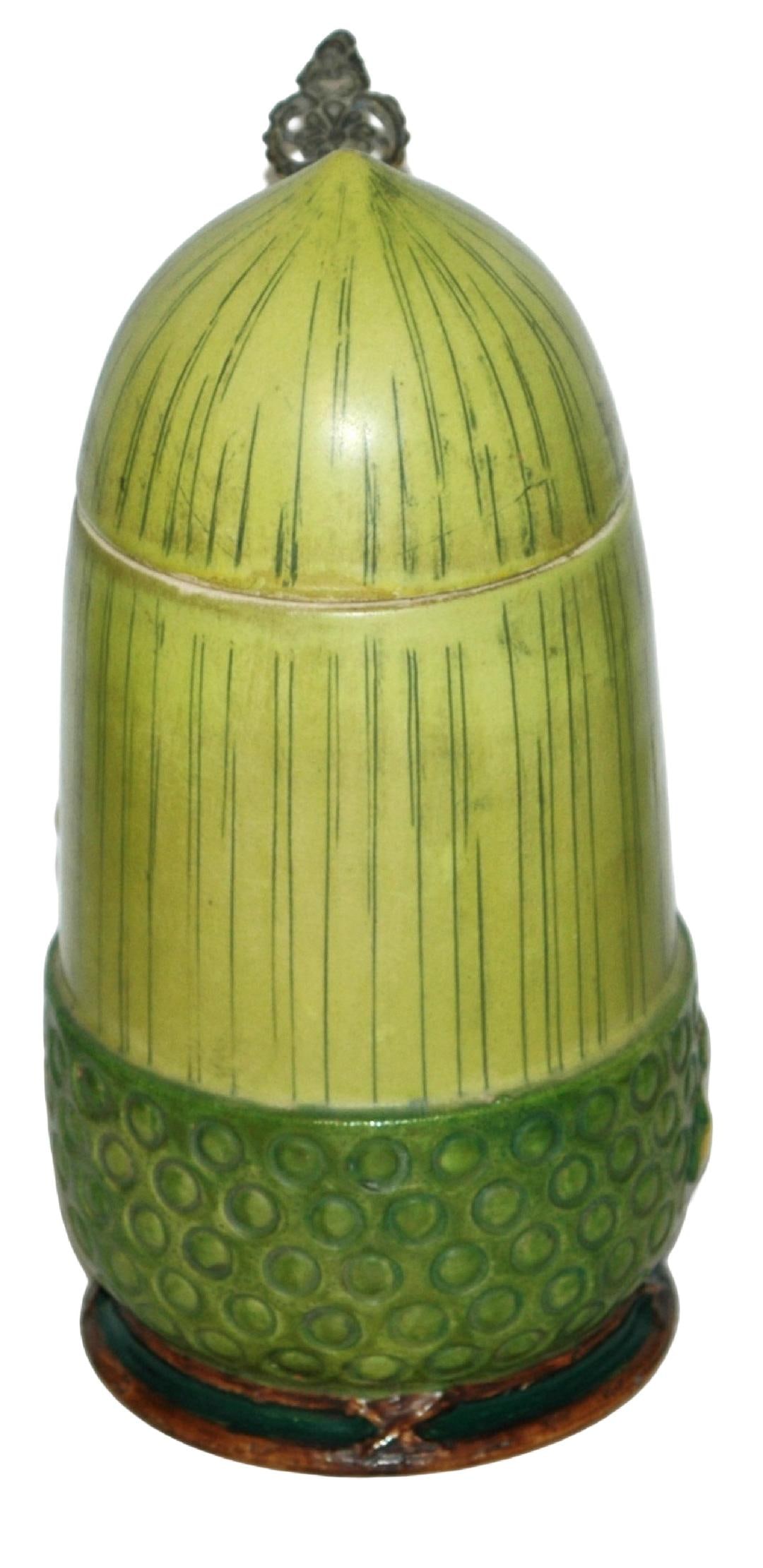 Acorn Character Stein w Branch Handle: Character Stein 1/2L Pottery JW Remy #1232. Acorn with branch handle.