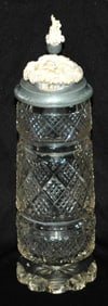 Faceted Glass Body Stein w Carved Horn Hunter Lid