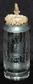 Wheel Cut Stag Glass Stein w Carved Stag Horn Lid