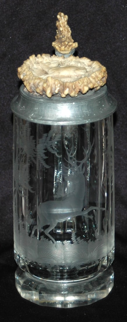 Wheel Cut Stag Glass Stein w Carved Stag Horn Lid (1 of 4)
