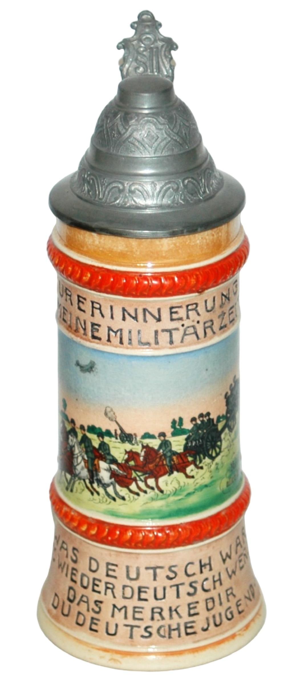 Military Artillery Scene Commemerative Stein: Pottery POG 1/2L. Military commemorative artillery scene and verse. Body mint.