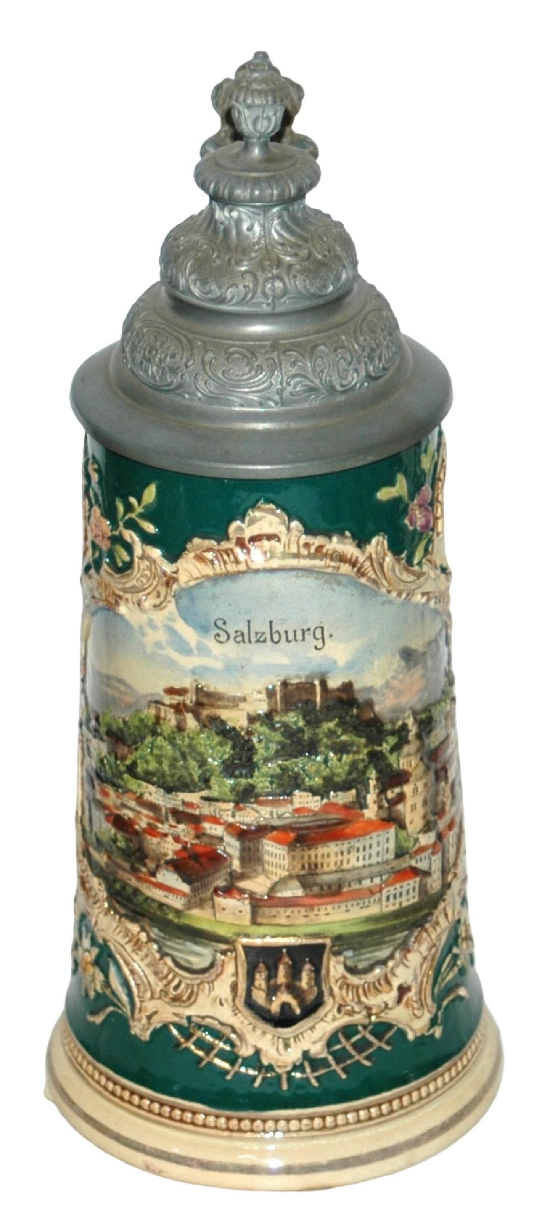 Salzburg Edelweiss Flowers Relief Stein: Pottery #289 Relief 1/2L. Scene of the city of Salzburg. Edelweiss flowers on sides.