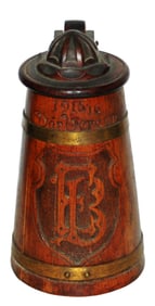 Wood & Brass Stein w Carved front Panel "FB" Stein