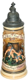 1L Two Boys Dressed in Student Caps & Boots Stein