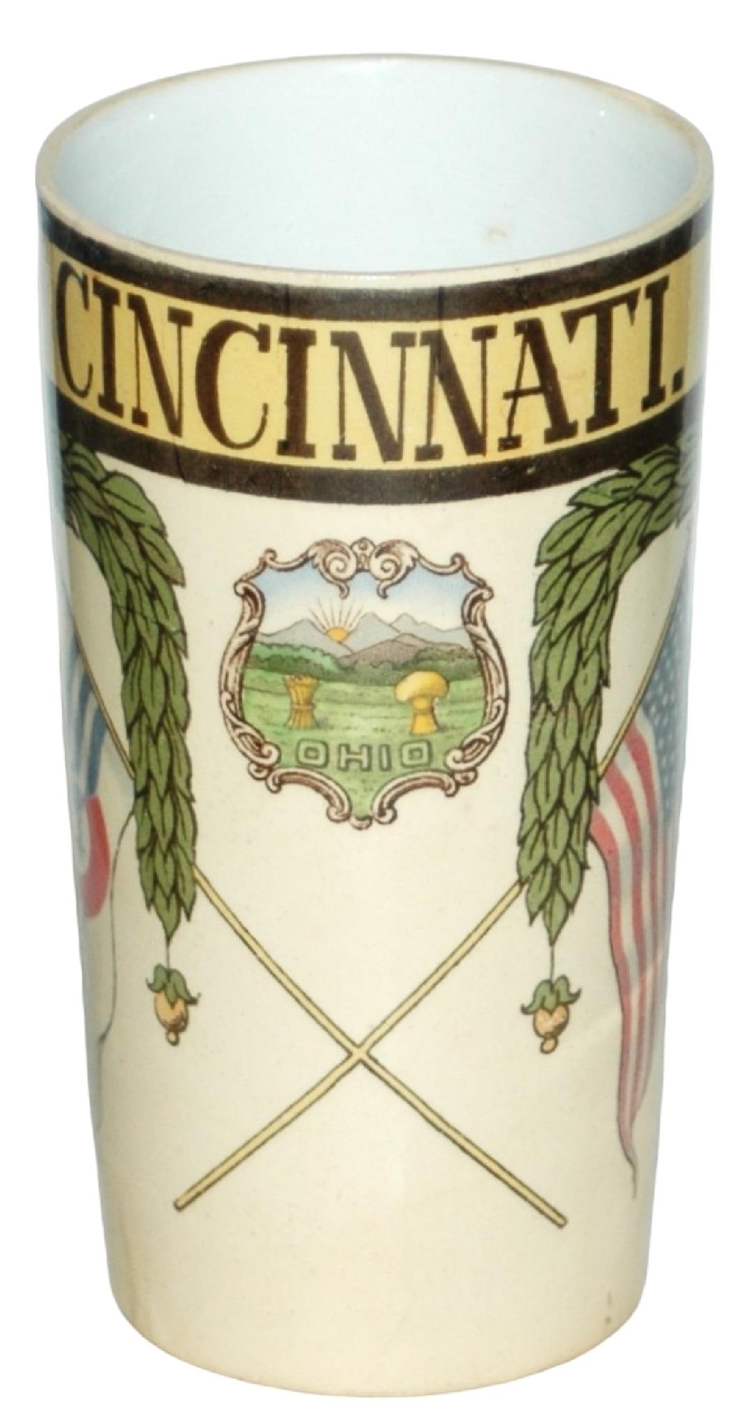 Mettlach Cincinatti Ohio Beaker: Mettlach #2327/1200 PUG 1/4L Beaker. Cincinnati, Ohio. Mint.