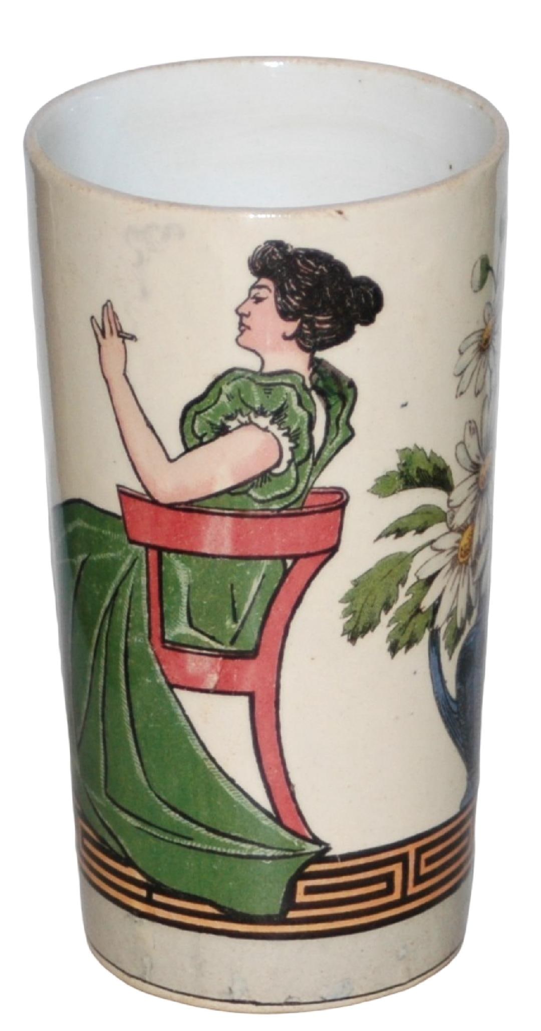 Mettlach Woman Smokes Cigarette Beaker w Handle (1 of 3)