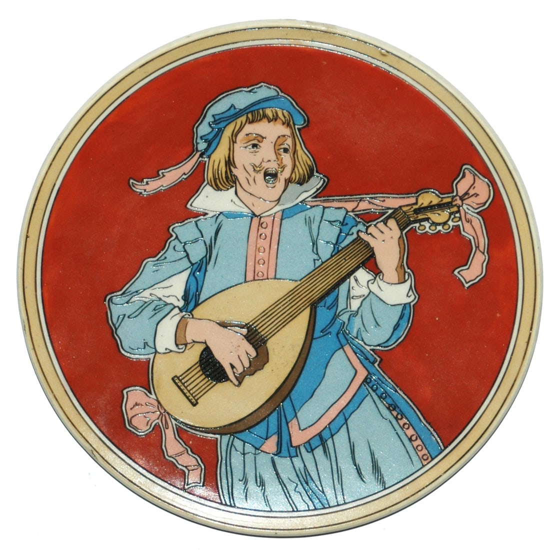 Mettlach 8" Plaque Singing Musician w Mandolin (1 of 1)