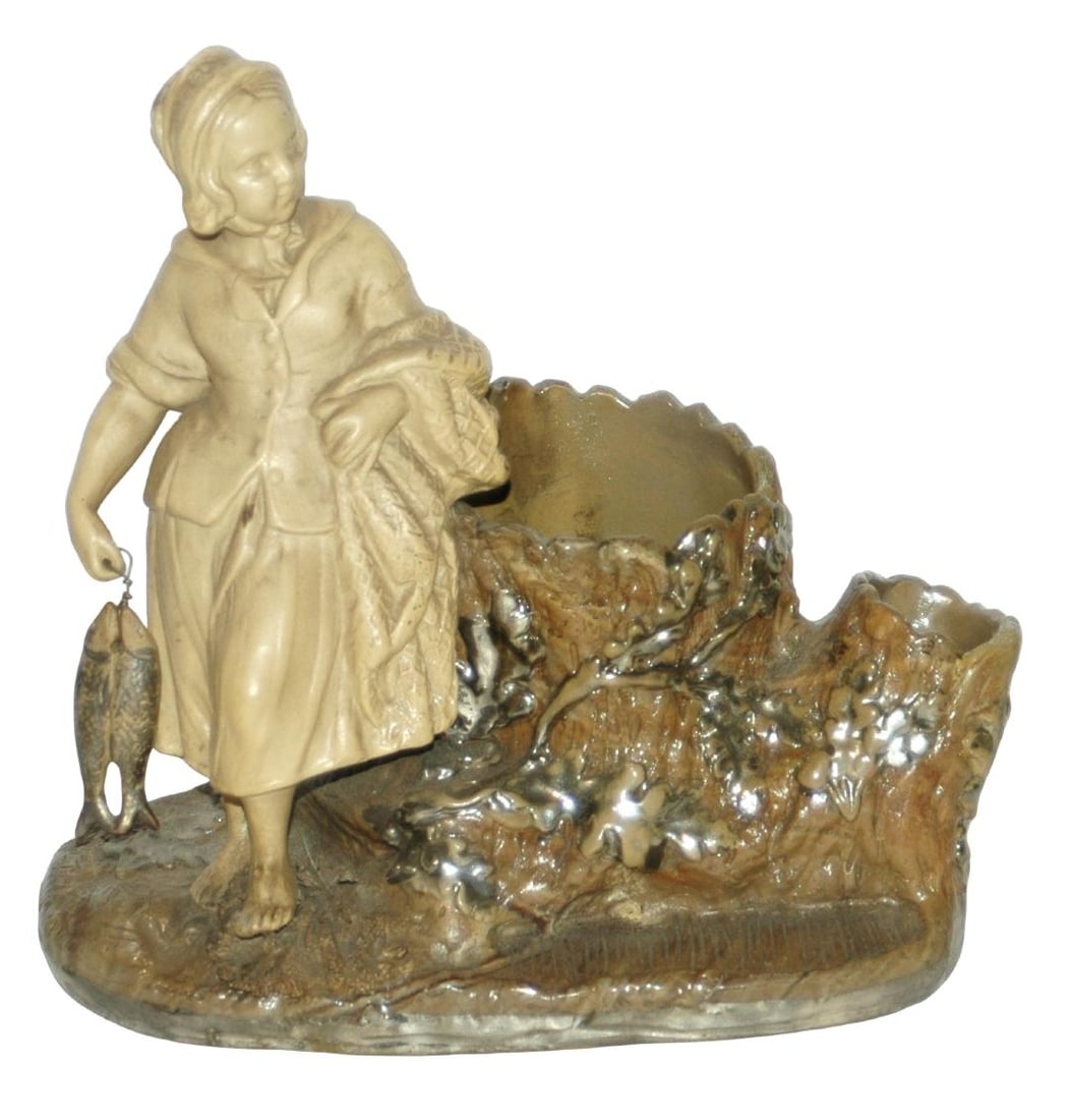 Mettlach Earlyware Figure of Woman with Rare Fish (1 of 2)