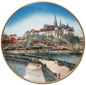 Mettlach Meissen Scene w River & Bridge Plaque