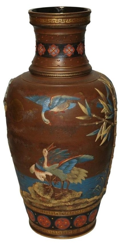 Mettlach 22" Vase Asian Birds & Bamboo Florals (1 of 5)
