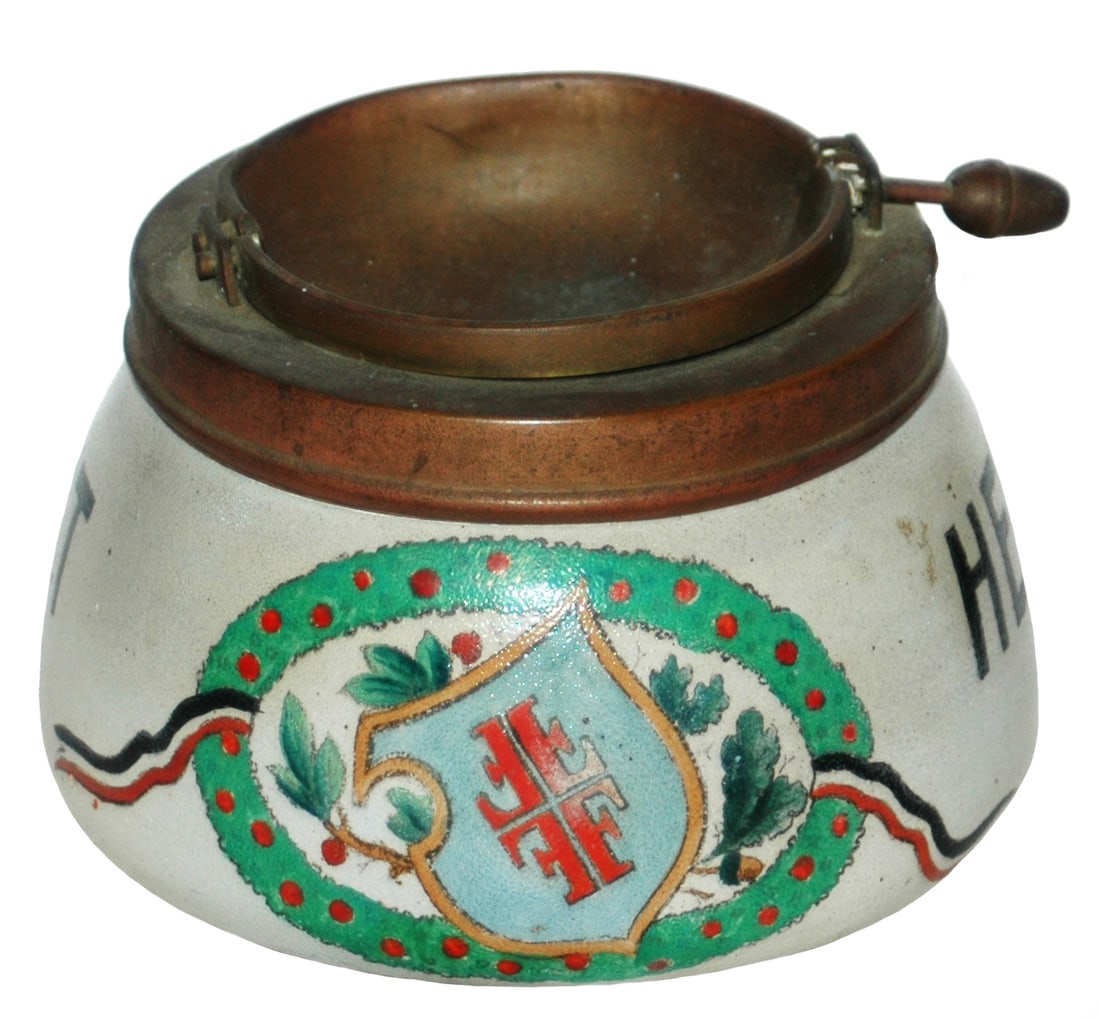 Uncommon 4F Shield Stoneware Ashtray: Stoneware Hanke #2366 POG 3 1/4" Ashtray. 4F shield "Gut Heil!" Uncommon. Mint.