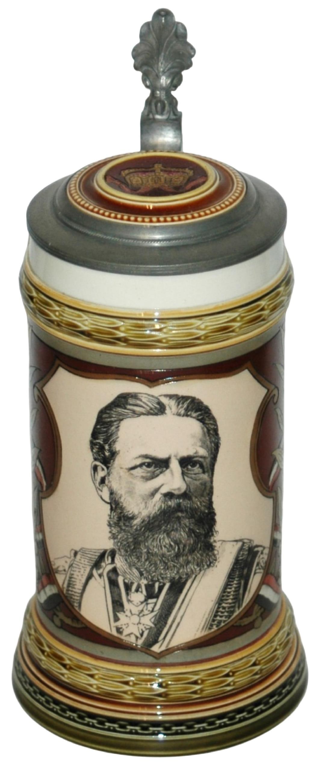 Mettlach Kaiser Fredrich III Etched Stein: Mettlach #1864 Etched & PUG 1/2L. Kaiser Fredrich III. Inlay lid. Mint.